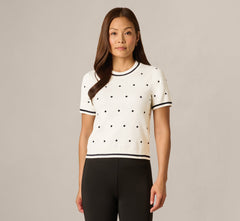 Short Sleeve Chain Patterned Knit Top In Ivory Navy Medium Simple Dot