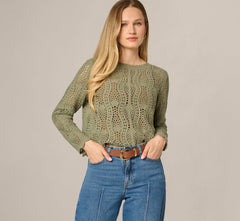 Long Sleeve Open Crochet Sweater In Sage Moss
