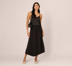 Contrast Stitching A Line Midi Skirt In Black Ivory