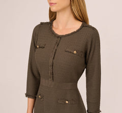 Three Quarter Sleeve Waffle Knit Short Dress In Fatigue