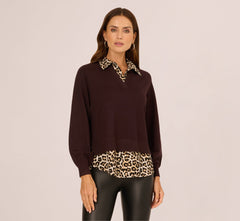 Long Sleeve Collared Printed Twover Sweater In Brownie W Bengal Cheetah