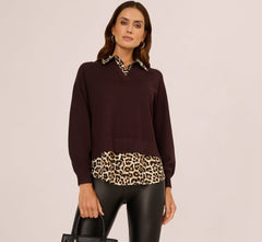 Long Sleeve Collared Printed Twover Sweater In Brownie W Bengal Cheetah