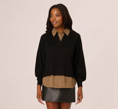 Long Sleeve Collared Printed Twover Sweater In Black W Mocha Petite Stripe