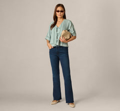 Short Sleeve Pintuck Lace Tie Front Top In Dusty Seamist