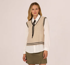 Long Sleeve Tie Neck Sweater Vest Twofer Top In Neutral Black