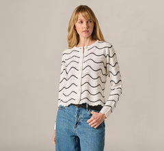 Open Pointelle Scalloped Cardigan Sweater In Glacier Black