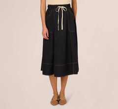 Contrast Stitching Drawstring Midi Skirt In Navy Khaki