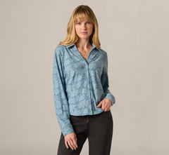 Long Sleeve Semisheer Burnout Floral Blouse In Stone Blue