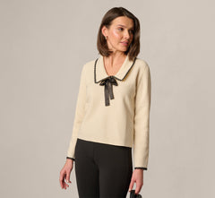 Waffle Weave Bow Collar Pullover Sweater In Cream Black