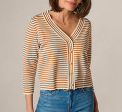 V Neck Button Front Cardigan Sweater In Ivory Camel