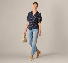 Puff Sleeve Ruffle Collared Top In Navy Ivory Timeless Dot