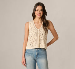 Open Knit Floral Crochet Vest In Oatmeal