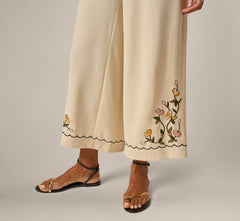 Floral Embroidery Wide Leg Pant In Pale Oak