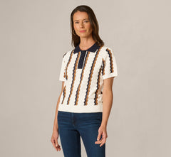 Open Knit Pointelle Scalloped Polo Sweater In Ivory Navy Camel