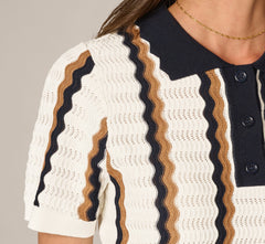 Open Knit Pointelle Scalloped Polo Sweater In Ivory Navy Camel