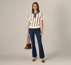 Open Knit Pointelle Scalloped Polo Sweater In Ivory Navy Camel