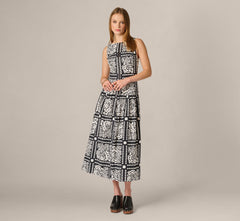 Drop Waist Cotton Tile Print Midi Sundress In Black Ivory