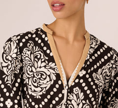 Bishop Sleeve Medallion Printed Short Dress In Black Ivory