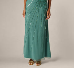 Floral Beaded Illusion Mermaid Gown In Green Slate
