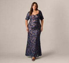 Plus Size Short Sleeve Floral Sequin Stretch Mesh Gown In Navy Rosegold