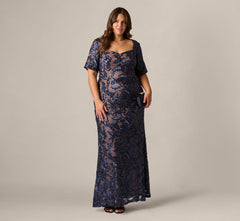 Plus Size Short Sleeve Floral Sequin Stretch Mesh Gown In Navy Rosegold