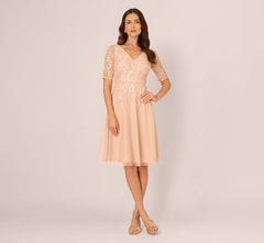 Short Sleeve Sequin Bead Midi Dress In Blush