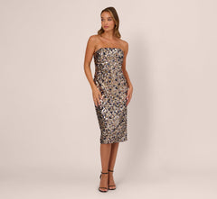 Strapless Sequin Midi Sheath Dress In Multi