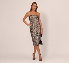 Strapless Sequin Midi Sheath Dress In Multi