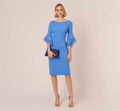 Knit Crepe Sheath Dress With Tiered Three Quarter Sleeves In Cool Water