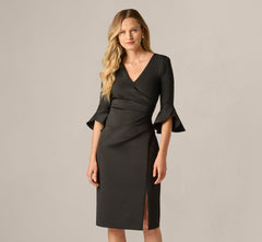 Three Quarter Sleeve Faux Wrap Midi Dress In Black