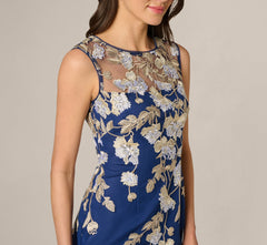 Sleeveless Illusion Floral Embroidery Sheath Dress In Navy Ecru