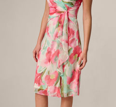 Sleeveless Draped Floral Chiffon Midi Sheath Dress In Coral Green Multi