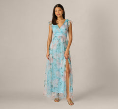Flutter Sleeve Floral Tulle Maxi Dress In Blue Multi