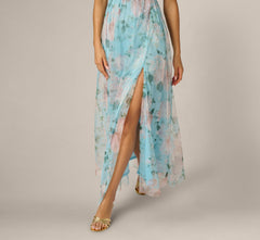 Flutter Sleeve Floral Tulle Maxi Dress In Blue Multi
