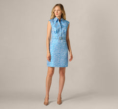 Floral Jacquard Collared Sheath Dress In Blue Multi