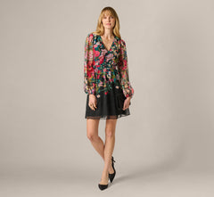 Long Sleeve Wildflower Print Short Dress In Black Multi