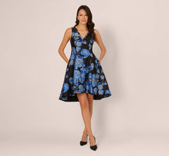 Floral Jacquard Short Fit And Flare Dress In Blue Black Multi