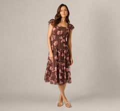 Flutter Sleeve Floral Metallic Chiffon Midi Dress In Brown Multi