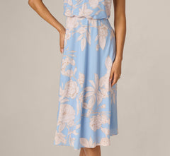 Floral Chiffon Blouson Halter Midi Dress In Blue Ivory