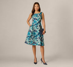 Metallic Floral Jacquard Boat Neck Fit And Flare In Blue Multi