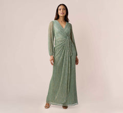 Metallic Crinkled Mesh Draped Long Gown In Green Slate