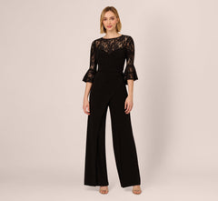 Wide Leg Jersey Jumpsuit With Sheer Lace Bell Sleeves In Black