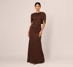 Pleated Metallic Cape Gown In Bronze