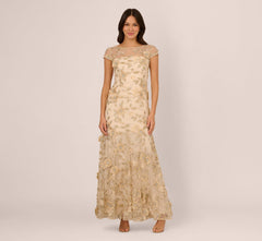 Cap Sleeve Floral Embroidered Illusion Godet Gown In Champagne