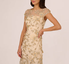 Cap Sleeve Floral Embroidered Illusion Godet Gown In Champagne