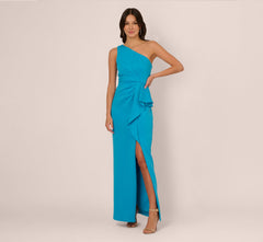 One Shoulder Draped Column Gown In Blue Azure