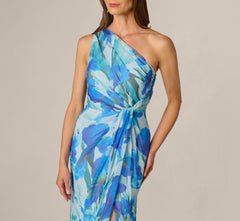 One Shoulder Floral Chiffon Draped Gown In Blue Multi