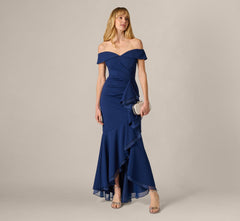 Off Shoulder Stretch Crepe Draped Gown In Navy Sateen
