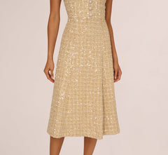 Collared Sequin Tweed Midi Dress In Champagne