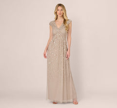 Cap Sleeve Beaded Sequin Floral Gown In Marble